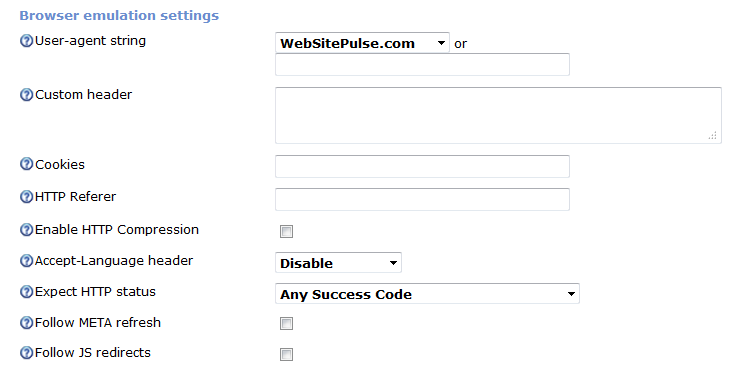 WebSitePulse full page performance browser emulating settings